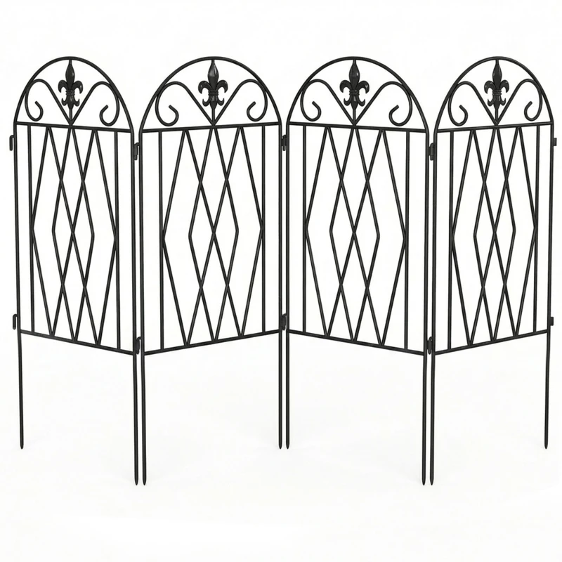 Outsunny Set de 4 Vallas de Jardín Metálicas 125x56 cm con Diseño Arqueado Resistente Fácil de Instalar para Patio Césped Negro