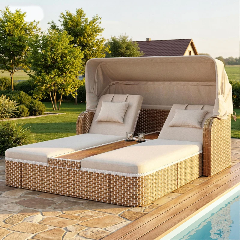 Outdoor Wicker Double Chaise Lounge with Openable Adjustable Canopy, Modern Garden Furniture Set for Patio, 160L x 192W x 137H cm, Beige