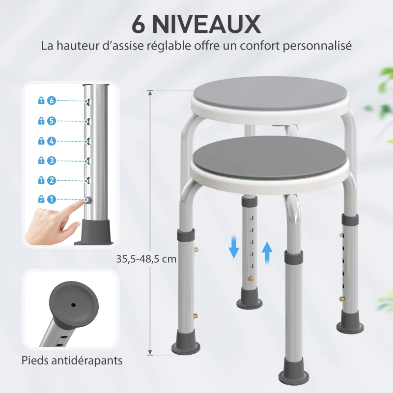 HOMCOM Tabouret de douche siège de douche antidérapant tabouret de bain hauteur réglable pivotant à 360° en aluminium