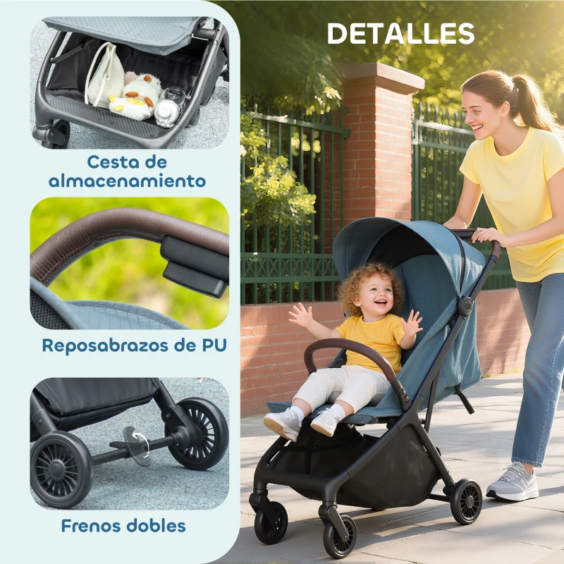 AIYAPLAY Carrito para Bebé Plegable Respaldo Reclinable Reposapiés Ajustable Capota Arnés de 5 Puntos Carga 15 kg Azul Oscuro