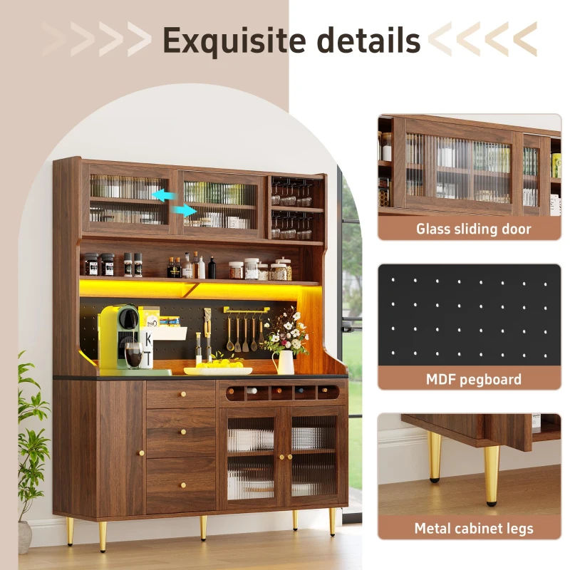 Stylish Highboard with LED Lighting & App Control, Freestanding Storage Cabinet with Adjustable Shelves, 145L x 39W x 171H cm, Walnut