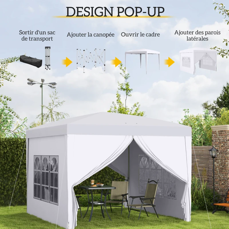 Outsunny Tonnelle Barnum Tente de réception Pliante 3 x 3 x 2,58 m avec fenêtres + Sac de Transport Blanc