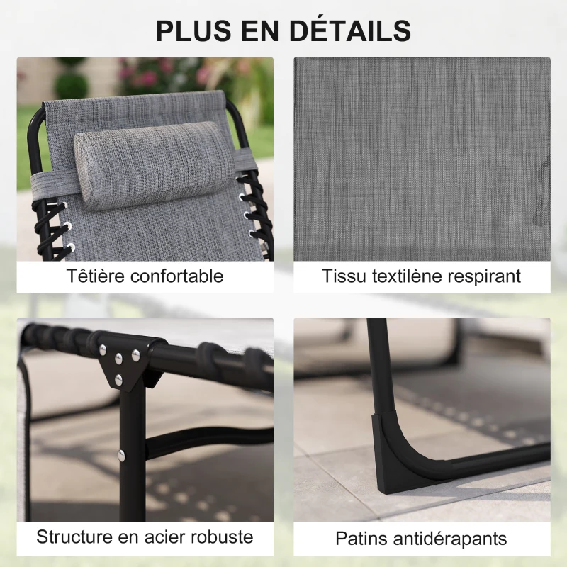 Outsunny Chaise longue pliable bain de soleil dossier inclinable 5 niveaux têtière amovible 189 x 58 x 30 cm gris