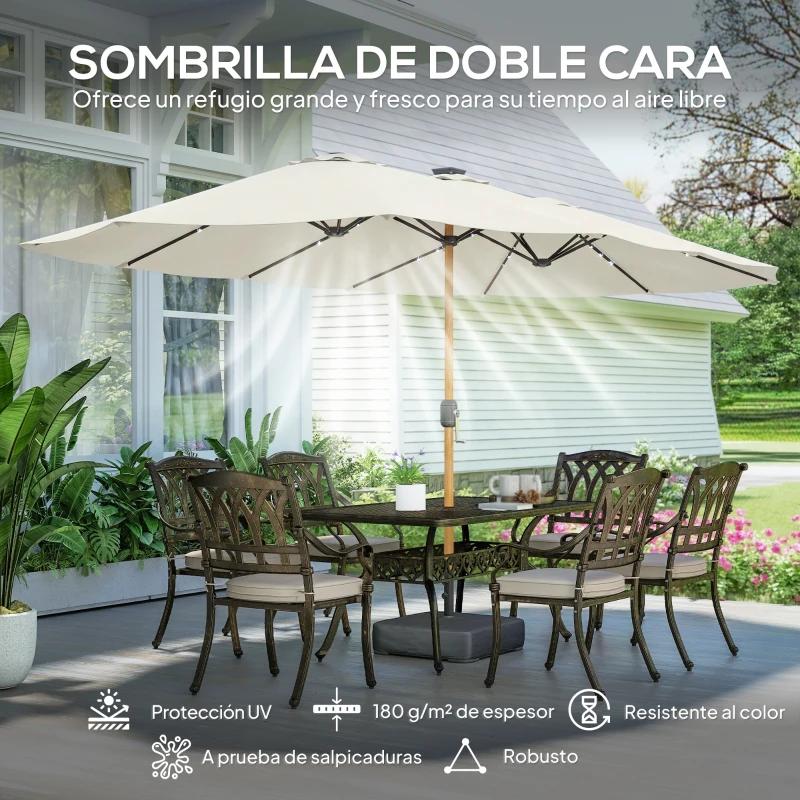 Outsunny Sombrilla Doble de Jardín 4,6x2,6 m con 48 Luces LED Base Incluida Manivela Sacos de Arena Anti-UV Crema
