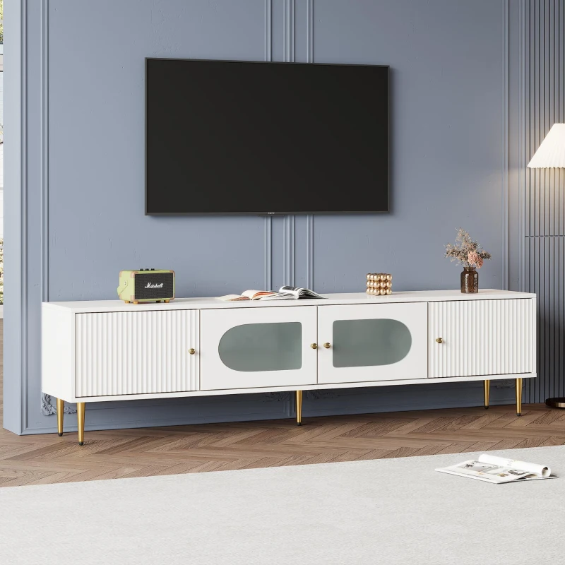 Stylish TV Stand with 2 Glass Doors and Metal Support Legs, Sturdy TV Cabinet for Living Room or Bedroom, 170L x 35W x 50H cm, White