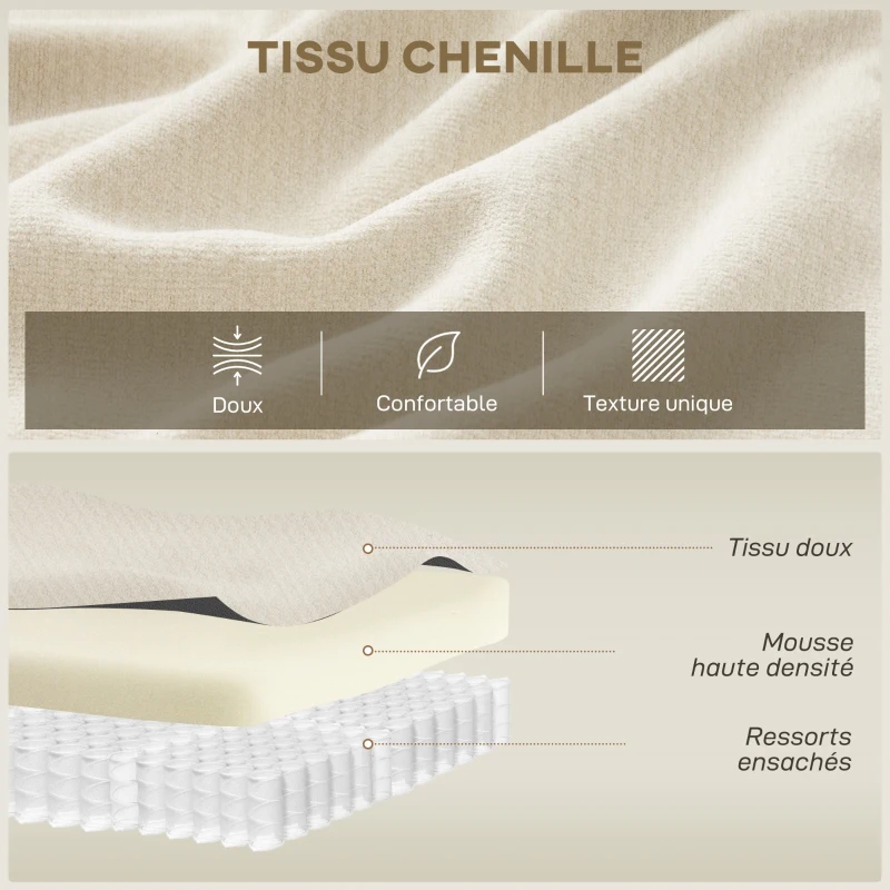 HOMCOM Canapé 3 places en chenille 260 cm, canapé salon, assise large, 3 coussins, pas de montage nécessaire, crème