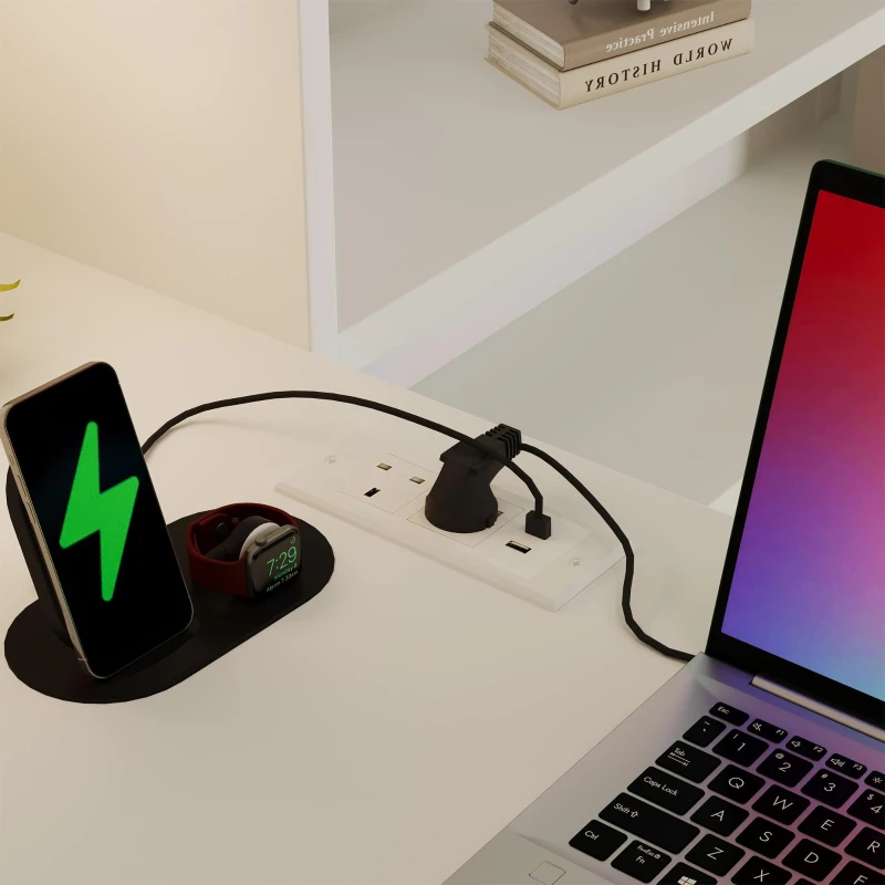 Multi-Functional Single Daybed with Bookcase & Computer Desk, Space-Saving Bed Frame with Ergonomic Desk, 63L x 114W x 100H cm, White