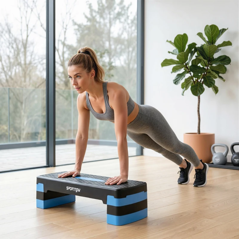 SPORTNOW Stepper Fitness Aerobic 3 Nivele, Înălțime Reglabilă 10/15/20 cm cu Înălțătoare, Suprafață Antiderapantă, 68x29x20cm, Albastru