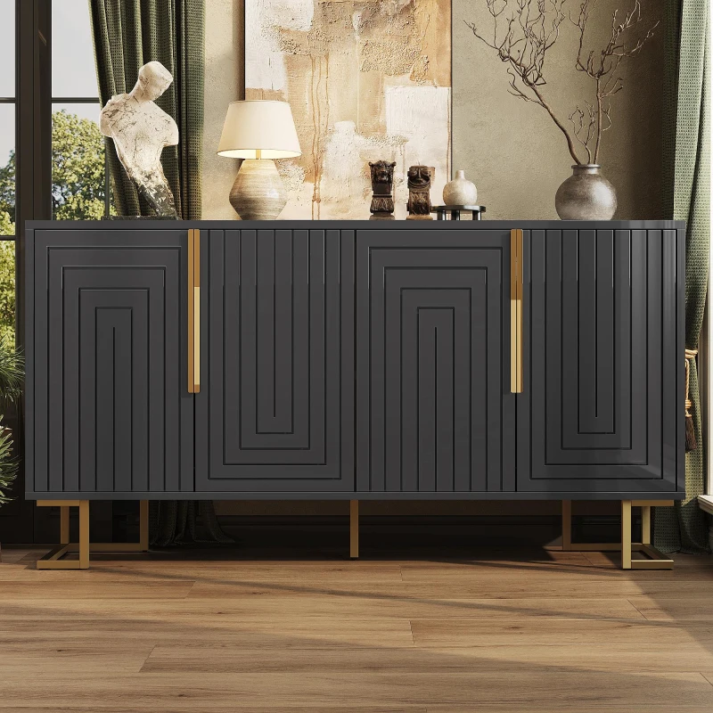 Stylish Sideboard with 2 Doors, 4 Shelves and Geometric Door Design, Durable Cabinet with Slim Metal Feet, 152L x 40W x 75H cm, Black