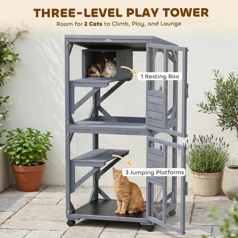 PawHut Movable Outdoor Catio with Resting Box, 3 Jumping Platforms, Waterproof Asphalt Roof for Outdoor Indoor