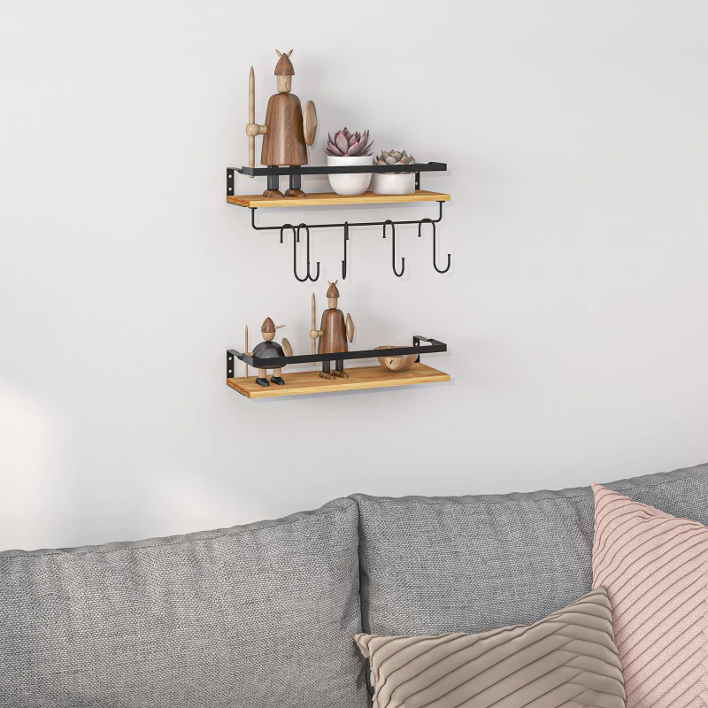 HOMCOM Lot de 2 étagères murales avec 6 crochets amovibles et tringle, style industriel pour cuisine, salle de bain, bois acier