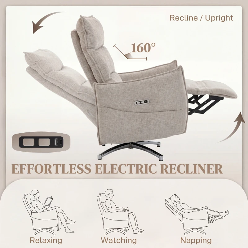 HOMCOM Draaibare Elektrische Relaxstoel voor Volwassenen, Stoel in Linnenlook met Oplaadpoorten, Beige