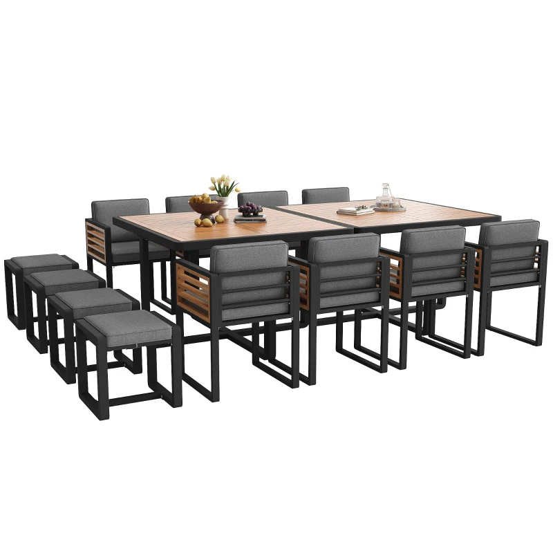 Modern 14-Piece Garden Dining Set with Stackable Chairs, Outdoor Patio Furniture Set with Sturdy Metal Frame, 113L x 113W x 76H cm, Gray