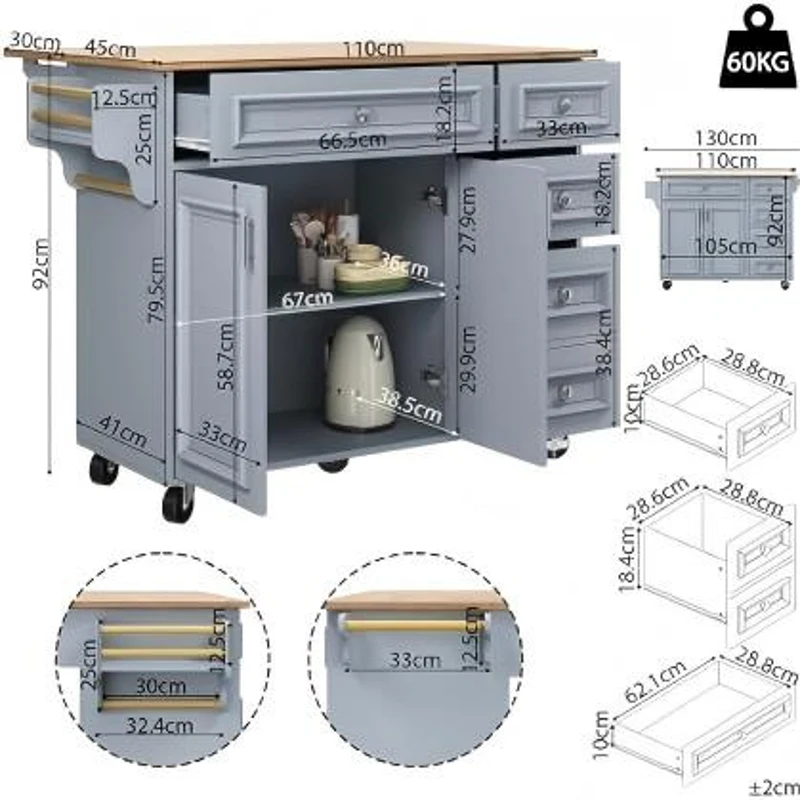 Multifunctional Kitchen Island with 3 Adjustable Shelves, Space-Saving Serving Trolley for Everyday Kitchen Use, 110L x 45-75W x 92H cm, Blue