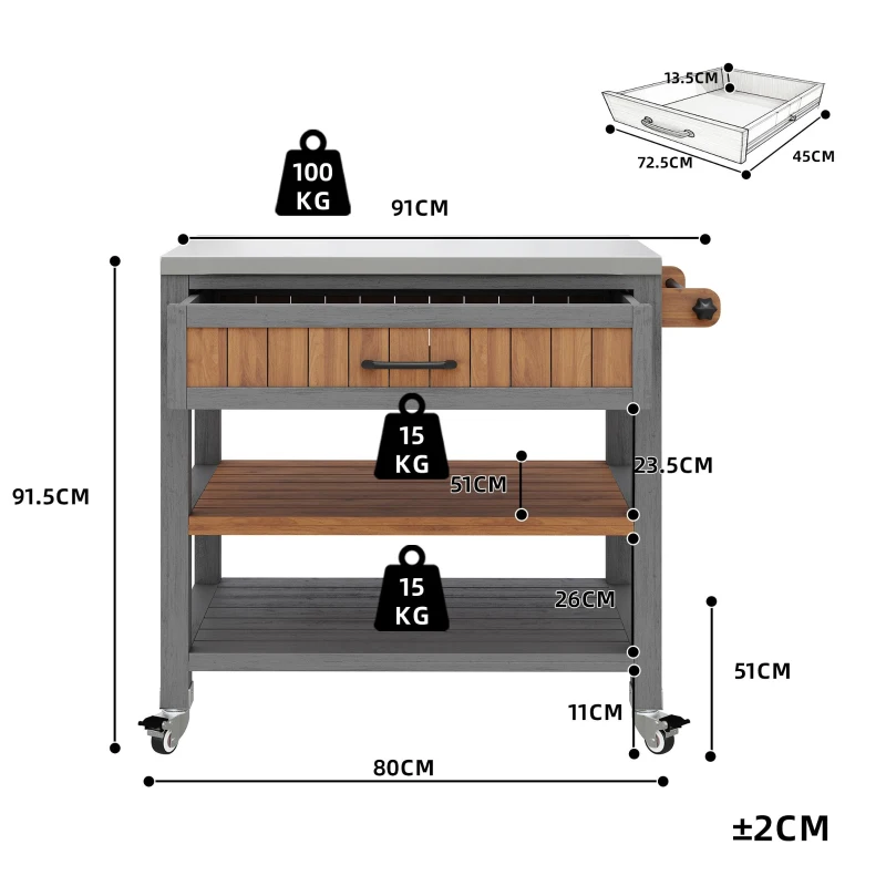 Mobile Wood Tool Cabinet with Stainless Steel Worktop, Weatherproof Barbecue Station for Outdoor Use, 80L x 51W x 91.5H cm, Natural