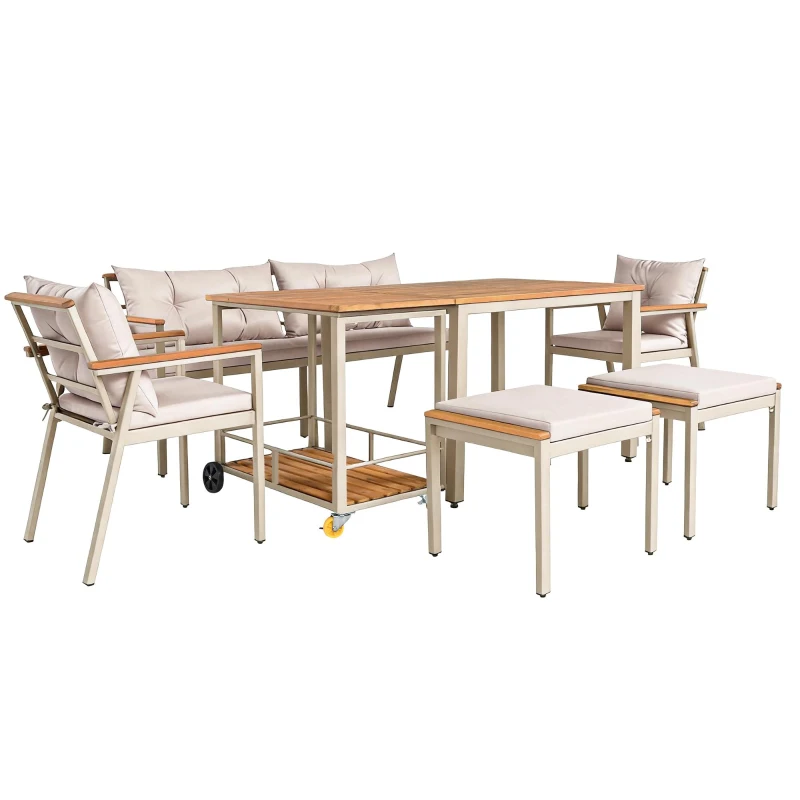 Set tavolo e sedie da pranzo per giardino 6-7 posti, mobili da giardino con poltrone e carrello portavivande rimovibile, Beige+Colore naturale