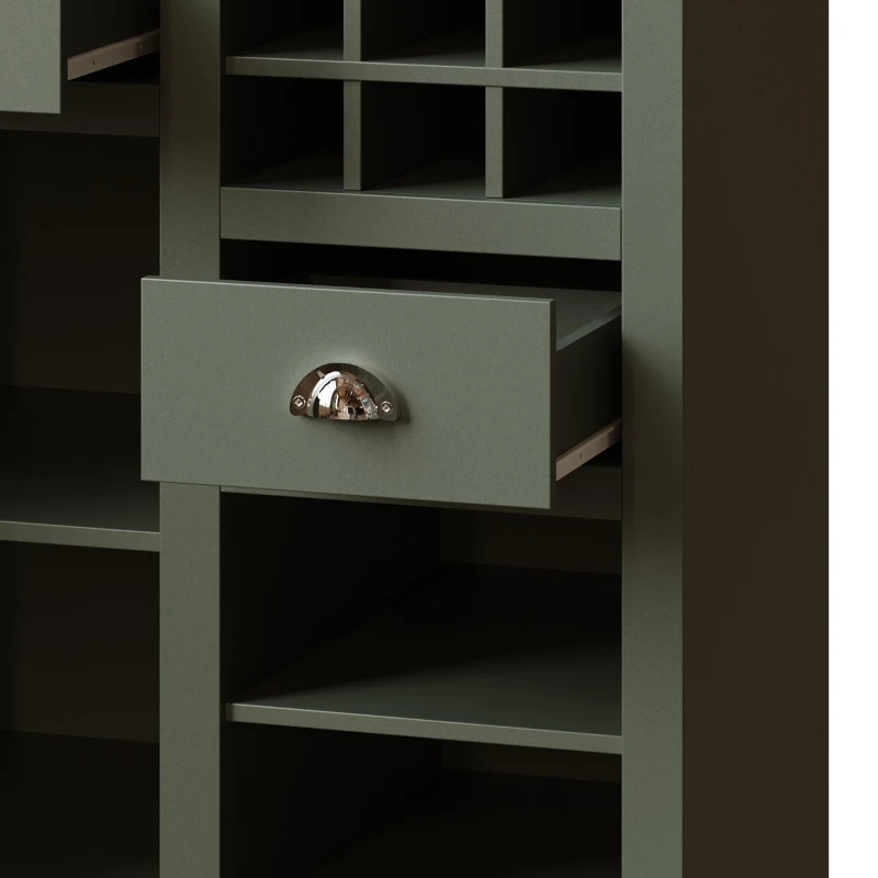 Tall Kitchen Cabinet with Glass Doors and LED Lighting, Versatile Sideboard with Adjustable Shelves, 120L x 45W x 188H cm, Antique Green