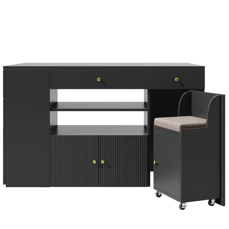 Adjustable Kitchen Island with 2 Stools, 6-Drawer and Generous worktop, Versatile Sideboard with Open Shelves, 140L x 40W x 89H cm, Black