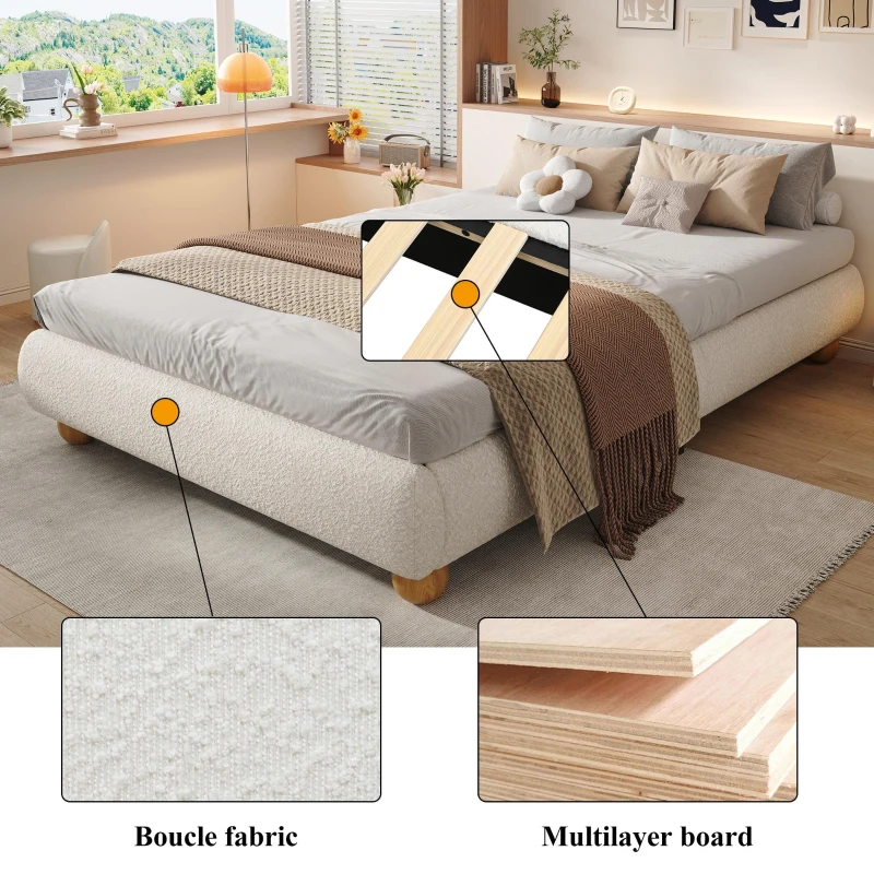 Modern Upholstered Double Bed with Sturdy Slatted Frame, Bouclé Platform Bed with Rounded Modern Legs, 197L x 146W x 30H cm, Beige