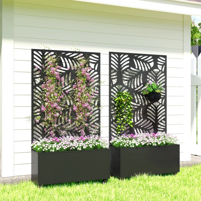 Outsunny Jardinera Exterior Grande con Ruedas Pantalla de Privacidad de Hojas de Monstera Marco Metal 90x30x160 cm Negro