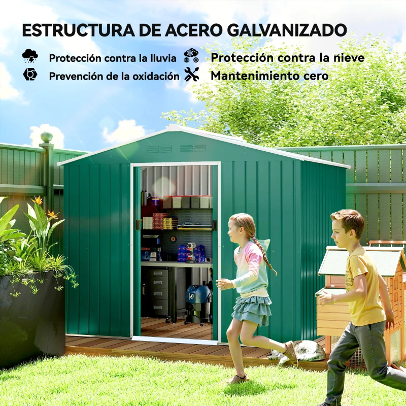 Outsunny Cobertizo de Jardín Exterior 3,6 m² 236x171x191 cm con Puertas Correderas y Ranuras de Ventilación Verde