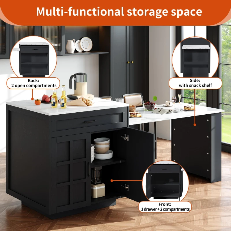 Extendable Bar Table with 2 Drawers and 4 Compartments, Expandable Kitchen Island for 2–6 People, 133-202L x 70W x 93.5H cm, Black