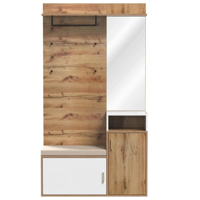 Garderoben-Set mit Spiegel, Sitzbank, 2 Schuhfächern, Haken und Garderobenstange, 105 x 40 x 190,5 cm, Weiß+Naturfarbe