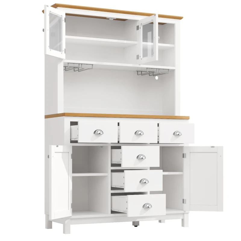 Farmhouse Style Sideboard with Spacious Shelves and Drawers, Versatile Storage Cabinet with Drink Holders, 104L x 40W x 180H cm, White