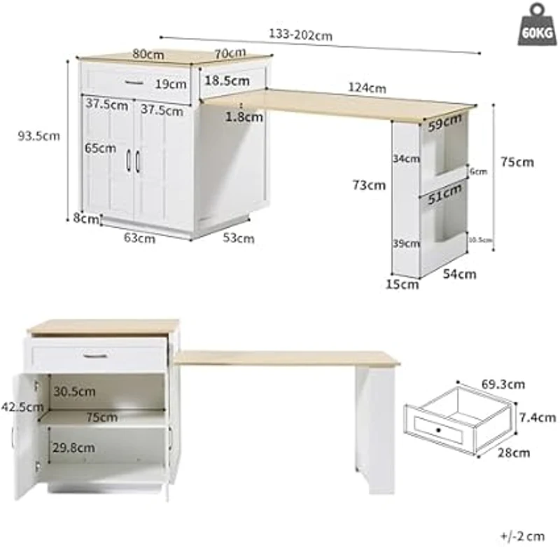 Extendable Bar Table with 2 Compartments and Side Spice Rack, Expandable Kitchen Island for 2–6 People, 133-202L x 70W x 93.5H cm, White
