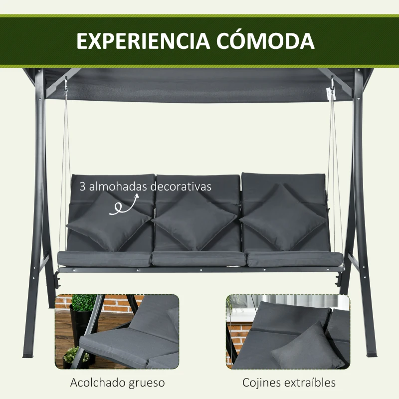 Outsunny Balancín de Jardín Exterior Columpio de 3 Plazas con Toldo Ajustable y Marco de Acero 202x115x168 cm Gris Oscuro