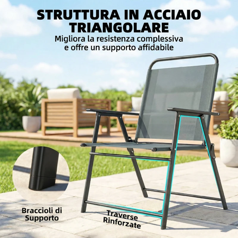 Outsunny Set di 2 Sedie Pieghevoli da Giardino con Braccioli e Seduta in Rete, Grigio