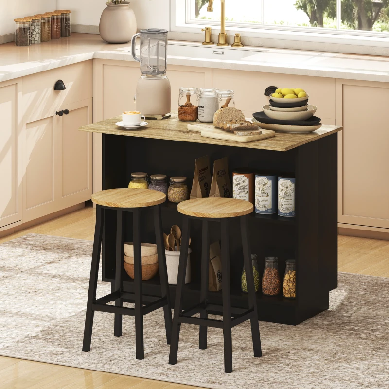 HOMCOM Desserte îlot de cuisine étagère réglable 2 compartiments ouverts 2 placards plan de travail effet bois 105 x 60 cm noir