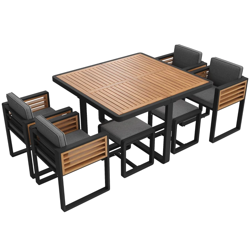 Modern 7-Piece Garden Dining Set with Stackable Chairs, Outdoor Patio Furniture Set with Sturdy Metal Frame, 113L x 113W x 76H cm, Gray