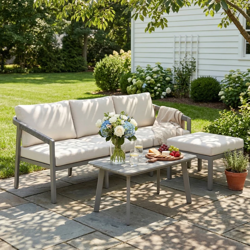 Outsunny 3 Piece Garden Dining Set, Outdoor Patio Furniture with 3 Seater Sofa, Footstool, Coffee Table and Cuhsions