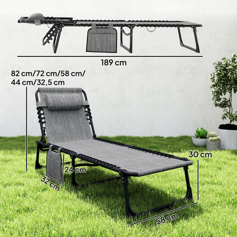 Outsunny Chaise longue pliable bain de soleil dossier inclinable 5 niveaux têtière amovible 189 x 58 x 30 cm gris