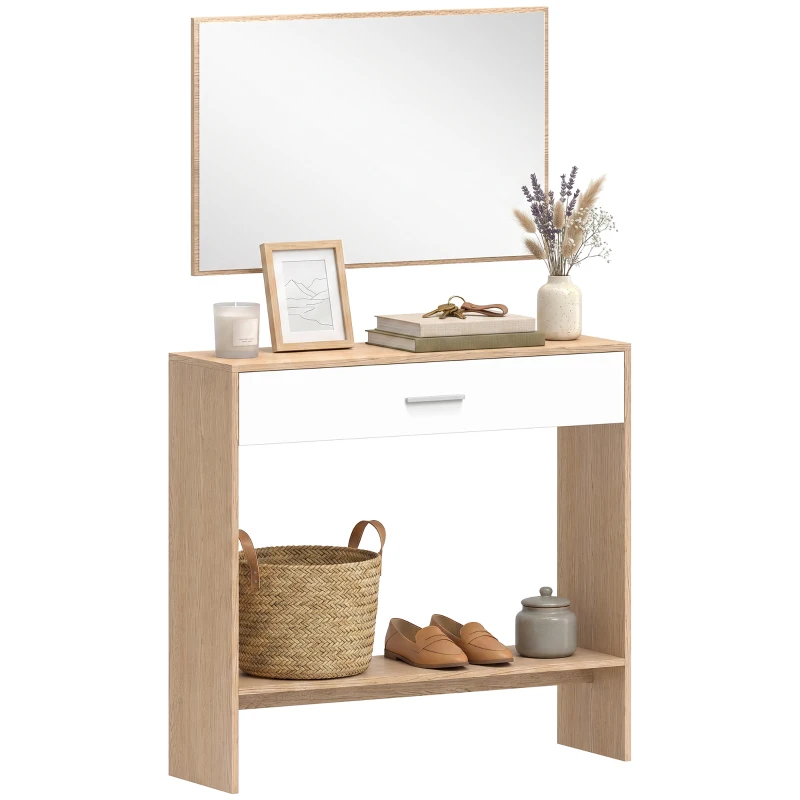 HOMCOM Console meuble + miroir, table console étroite avec tiroir et étagère, style moderne, 91,5 x 27,9 x 85,5 cm, chêne