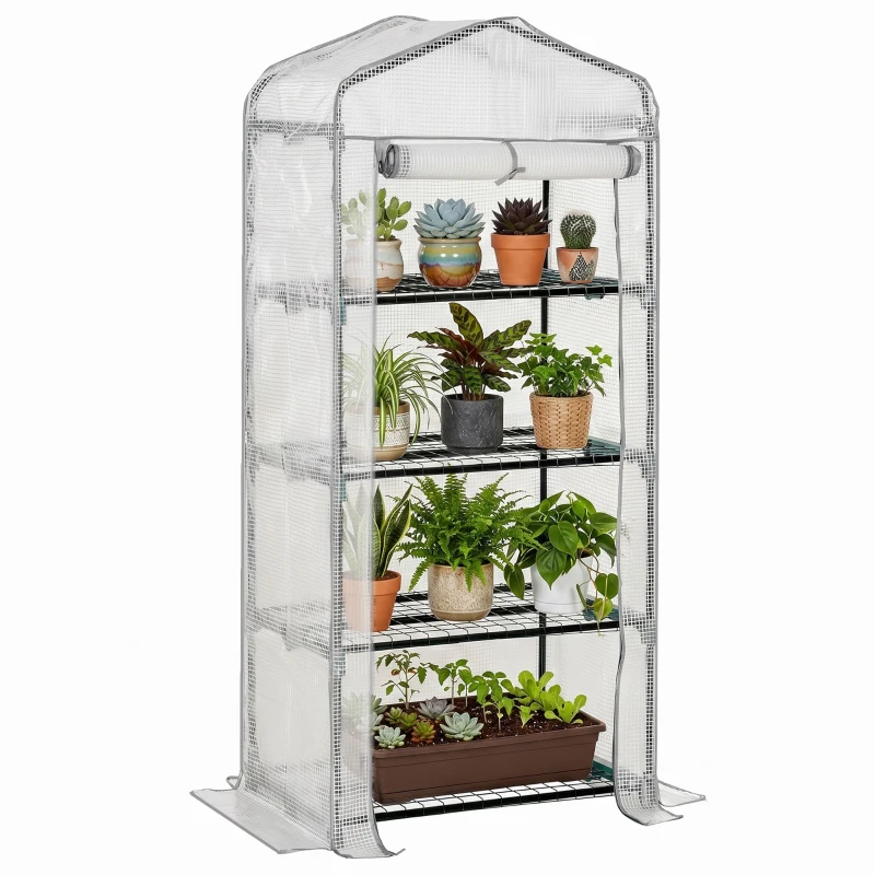 Outsunny 4 Tiers Mini Portable Greenhouse - Compact Plant Grow Shed with Metal Frame and PE Cover, 160H x 70L x 50W cm, White
