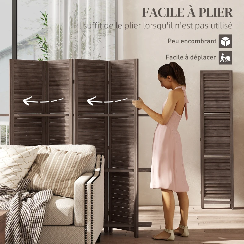 HOMCOM Paravent intérieur en bois 4 panneaux 160 x 170 cm, séparateur de pièce pliable avec 3 étagères, noyer