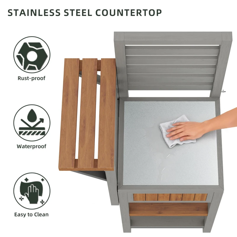 Wooden Garden Cabinet with Stainless Steel Worktop & 2-Tier Shelving, Versatile Sideboard for Patio or Balcony, 74L x 54W x 149H cm, Natural