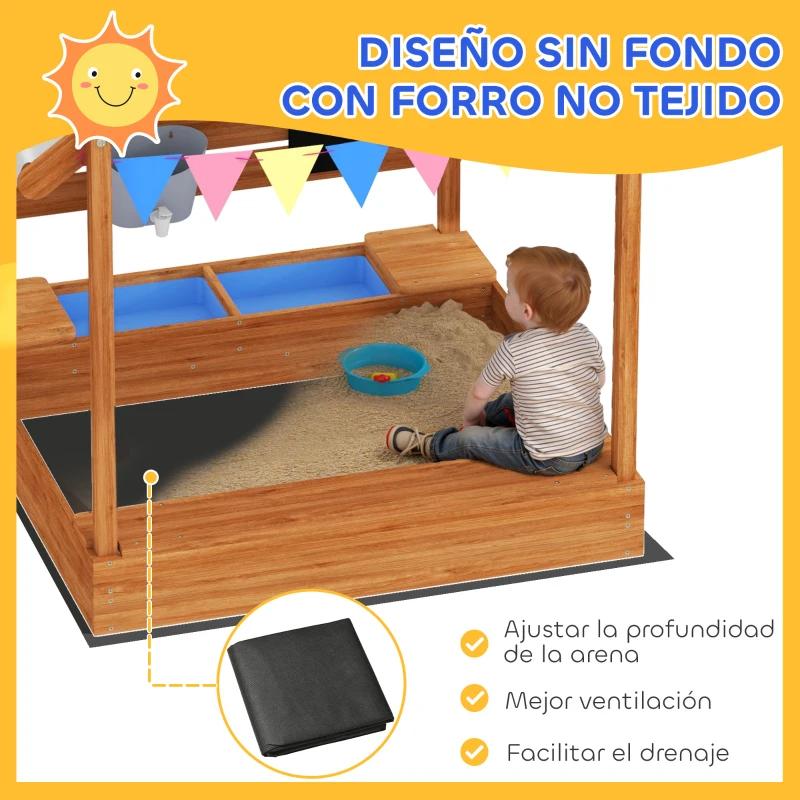 Outsunny Arenero Infantil con Toldo 6 Banderines 2 Bandejas Grifo y Pizarra en Forma de Casa para Patio 124x116x146 cm Naranja