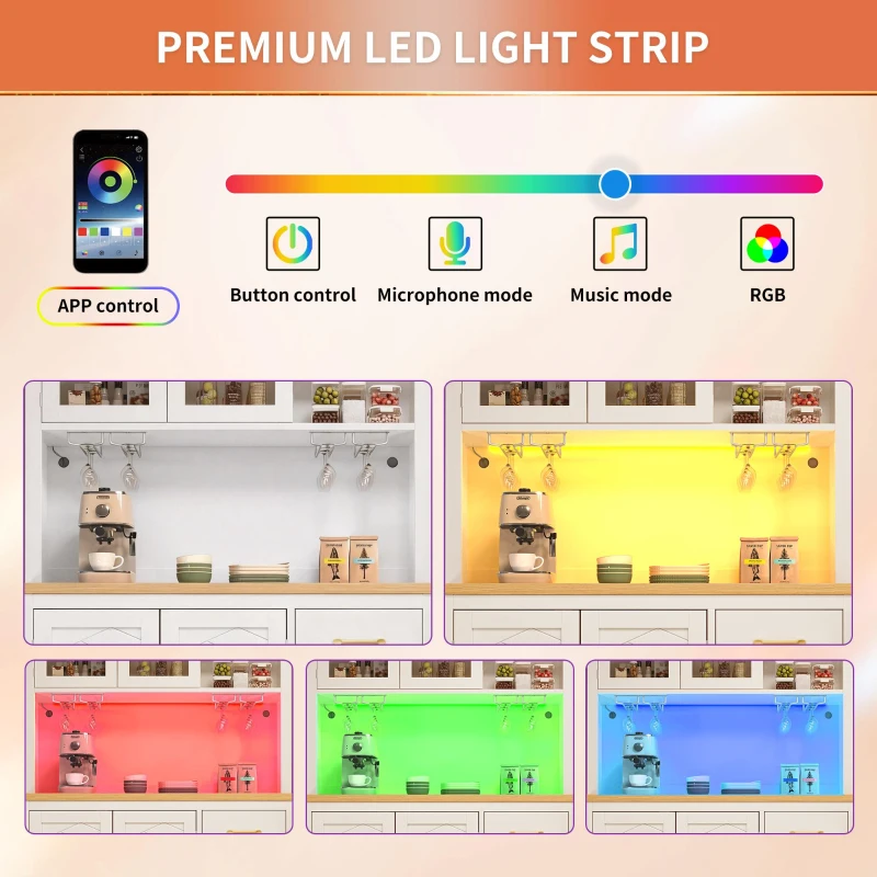 Stylish Sideboard with App-Controlled Built-In LED Light Strip, Practical Cabinet for Kitchen & Living Area, 105.5L x 40W x 180H cm, White