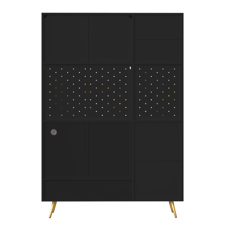 Tall Kitchen Cabinet with Built‑In Power Outlets & 2 USB Ports, Modern Sideboard with App-Controlled LED, 120L x 40W x 176H cm, Black