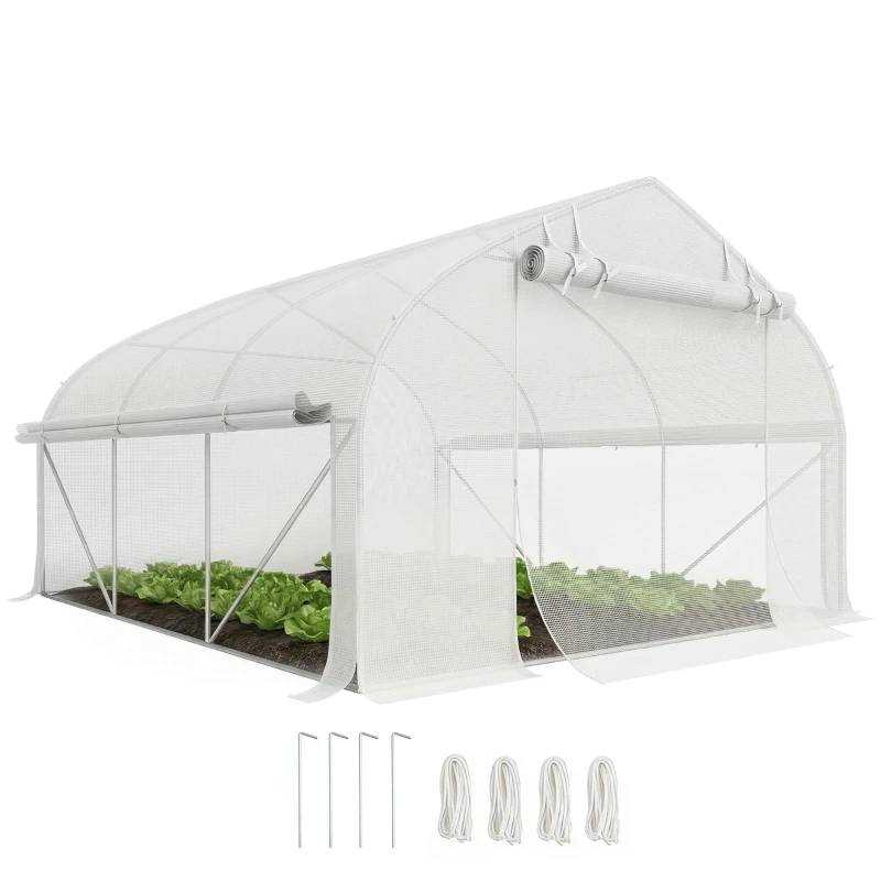 Outsunny Serre de jardin tunnel 10,4 m² serre de jardin anti-UV porte zippée enroulable fenêtres maille 350 x 300 x 200 cm blanc