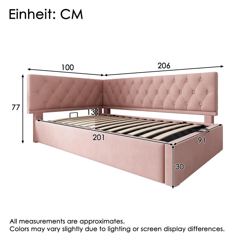 Stylish Upholstered Daybed with Hydraulic Ottoman Storage, L-Shaped Single Sofa Bed with Velvet Fabric, 196L x 100W x 77H cm, Pink