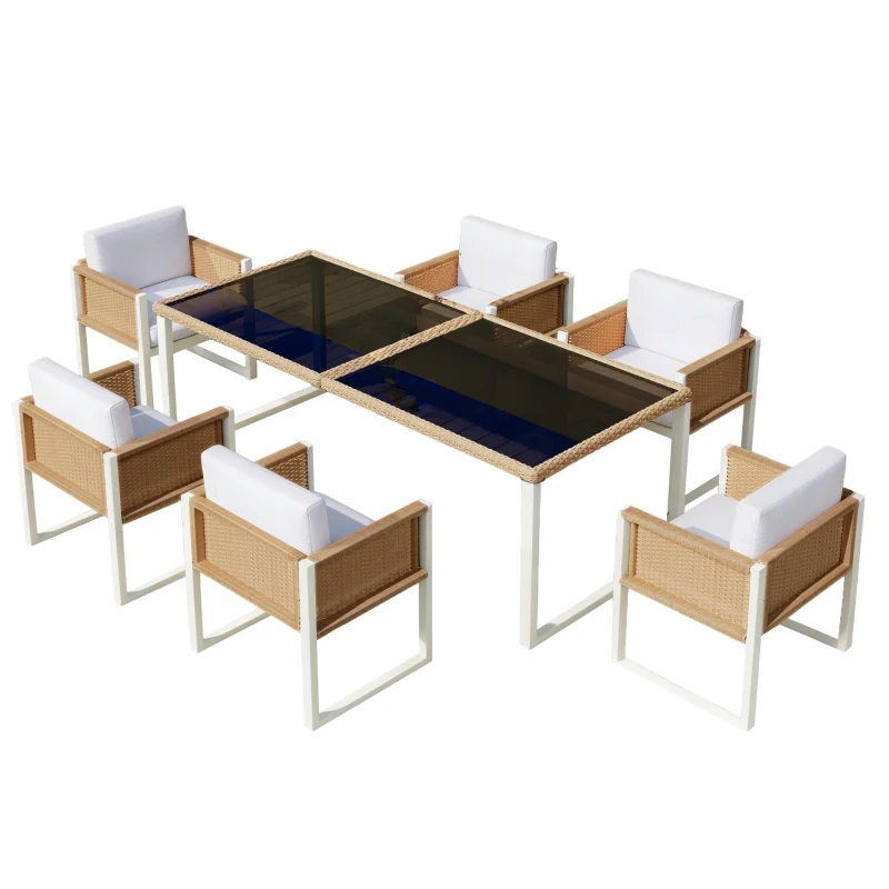 Set da pranzo in polyrattan per 6 persone, piano in vetro temperato, rivestimenti sfoderabili e lavabili, Marrone+Bianco