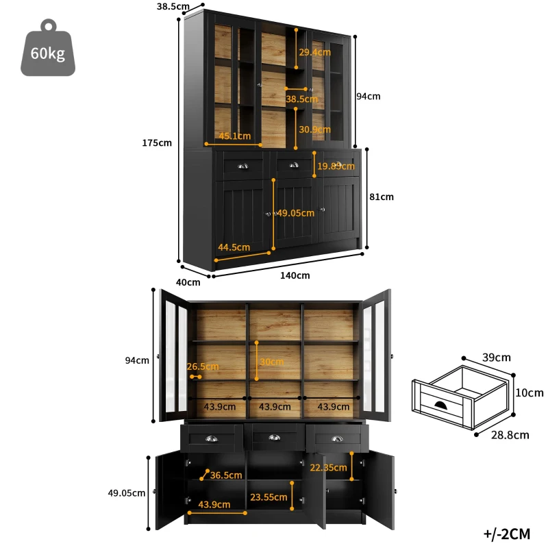 Freestanding Display Cabinet with Adjustable Shelves & Soft-Close Hinges, Tall Sideboard for Living Area, 140L x 38.5W x 175H cm, Black