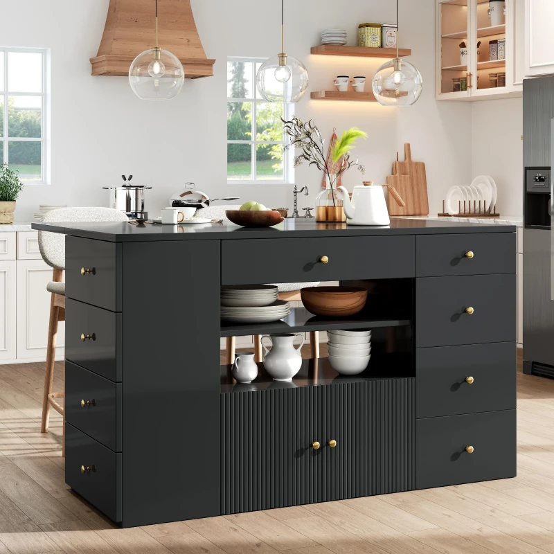 Adjustable Kitchen Island with 2 Stools, 6-Drawer and Generous worktop, Versatile Sideboard with Open Shelves, 140L x 40W x 89H cm, Black