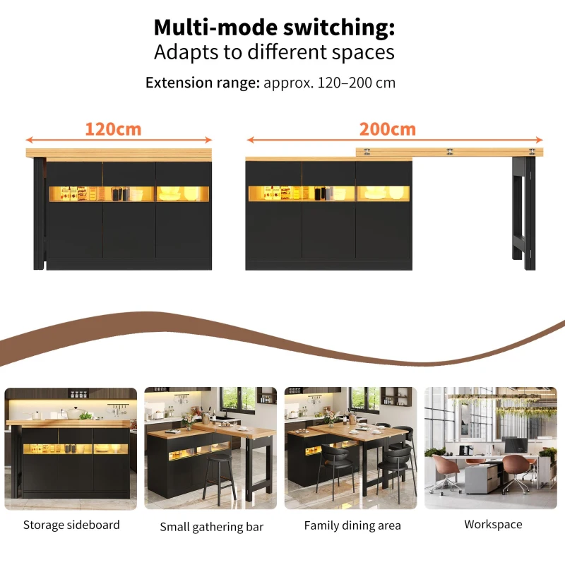 Extendable Bar Table with App-Controlled LED Lighting, Modern Kitchen Island with 360° Swivel Function, 120-180L x 40W x 71.5H cm, Black