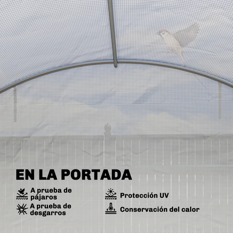Outsunny Invernadero de Túnel con 2 Varillas de Soporte 2 Puertas Enrollables y Ventanas de Malla Cubierta de PE Anti-UV Blanco