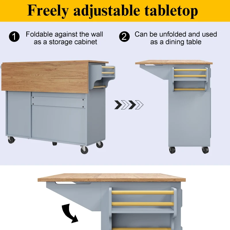 Multifunctional Kitchen Island with 3 Adjustable Shelves, Space-Saving Serving Trolley for Everyday Kitchen Use, 110L x 45-75W x 92H cm, Blue